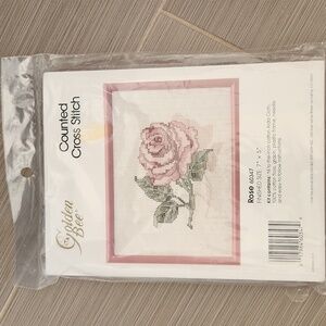 Golden Bee Counted Cross Stitch Rose with Frame Vintage